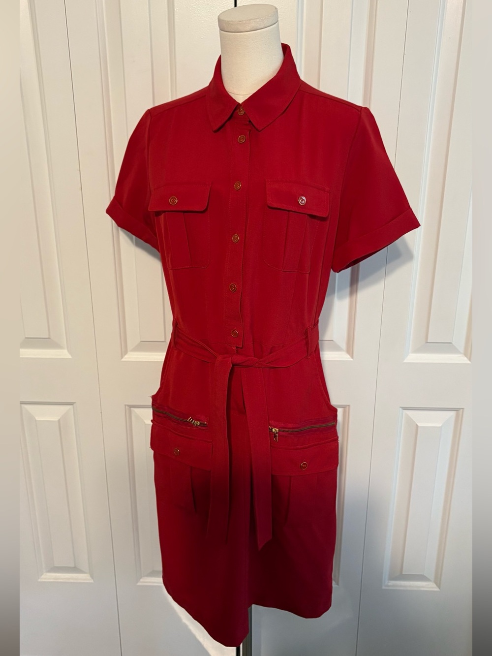SHARAGANO Red Utility Shirt Dress with Belt